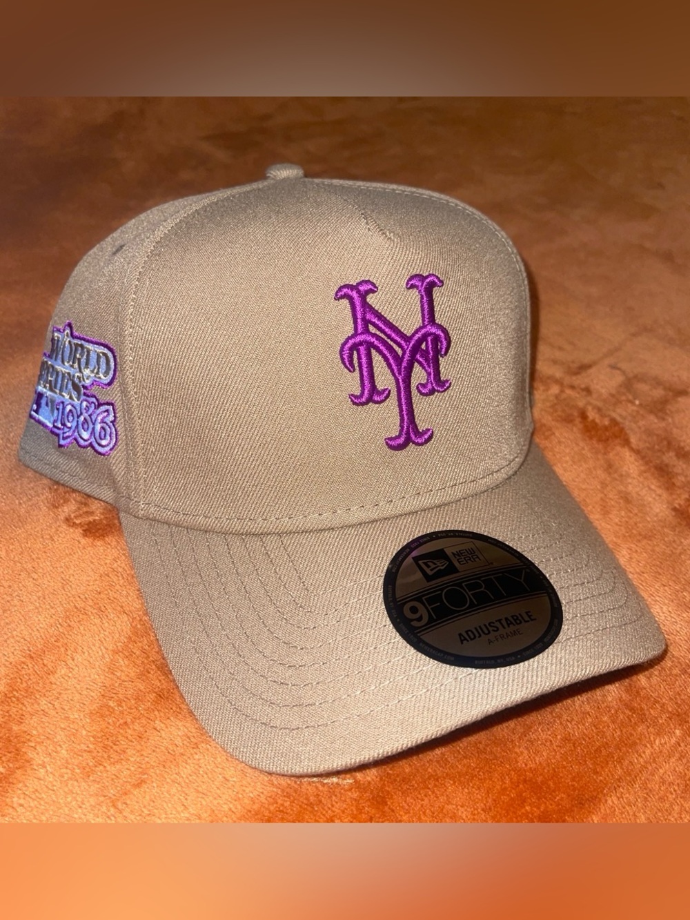 Mets Tan Cap with Purple World Series 1986 Patch (comes w/ 2 more hats!)